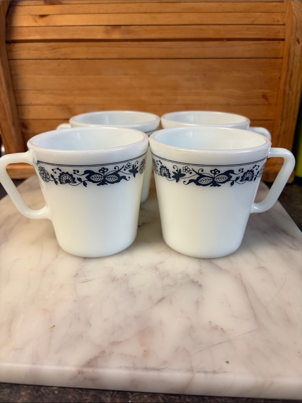 Pyrex White Milk Glass Mugs with Navy Floral Band - Set of 4